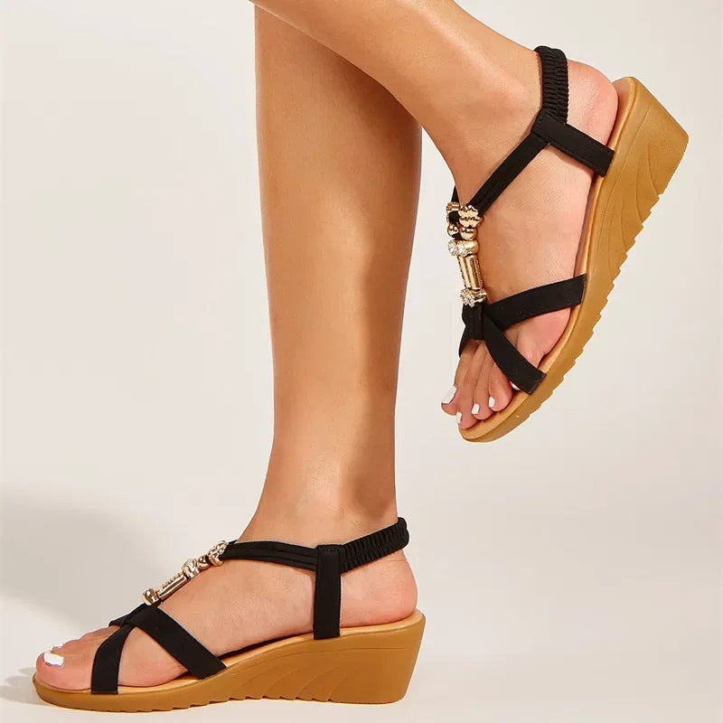 Crystal Strap Round Toe Wedge Sandals