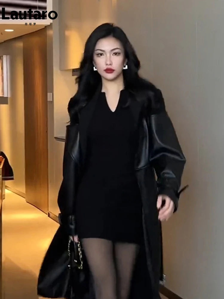 Black Patchwork PU Leather Trench