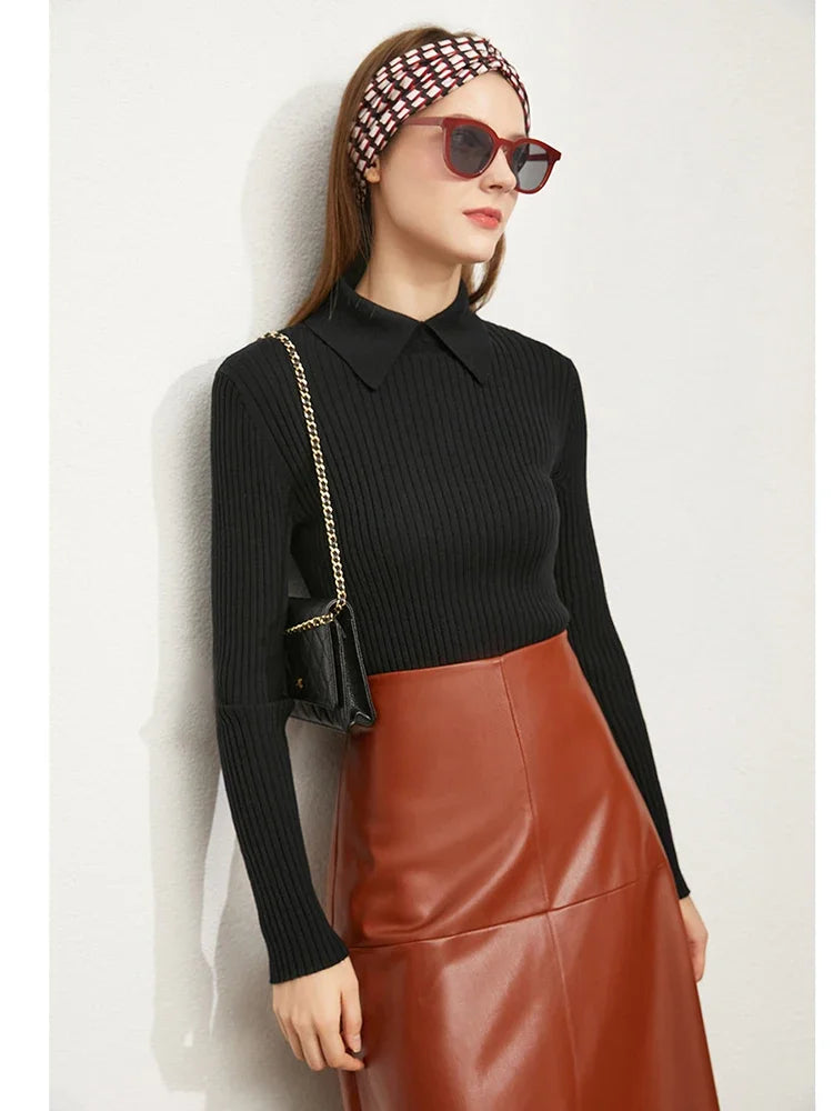 Minimalist Striped Lapel Slim Knit Top