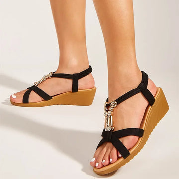 Crystal Strap Round Toe Wedge Sandals