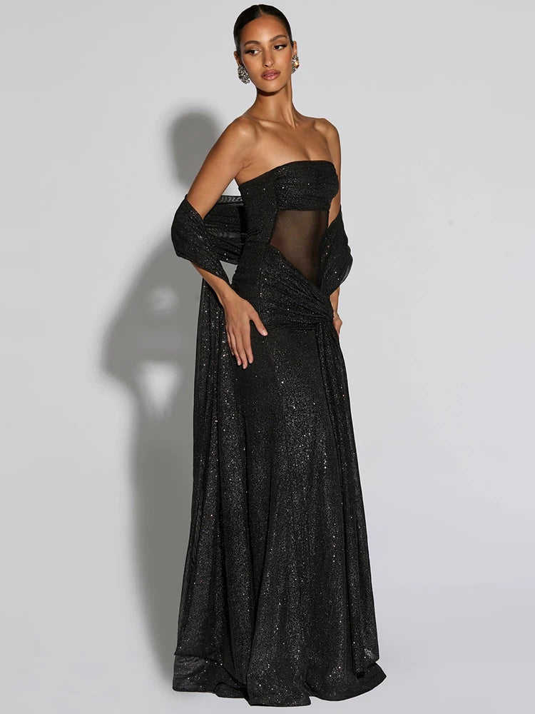 Strapless Sparkle Ruched Off-Shoulder Maxi Dress