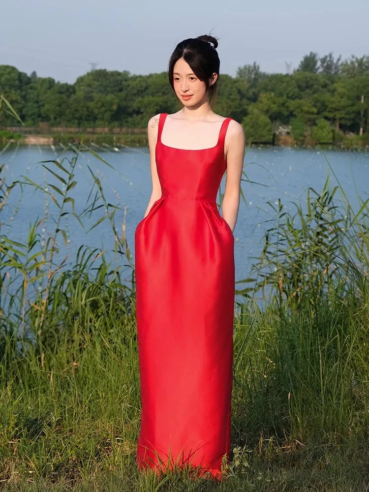 Red Spaghetti Strap Satin Prom Maxi Dress