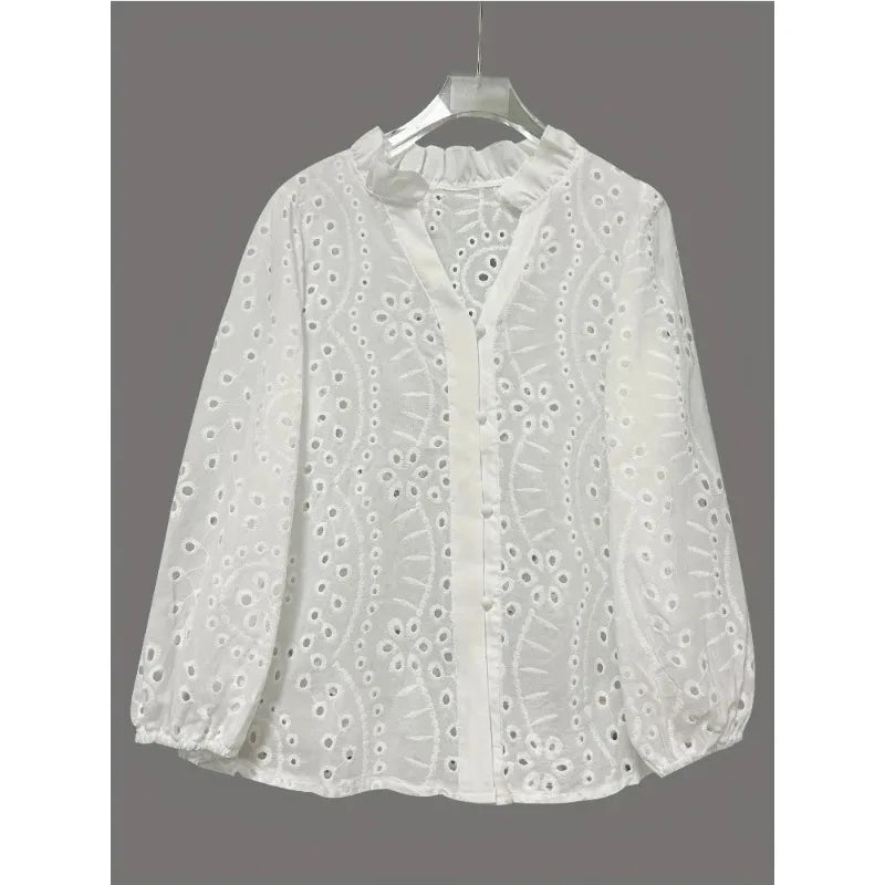 Hollowed V-Neck Loose Lace Shirt