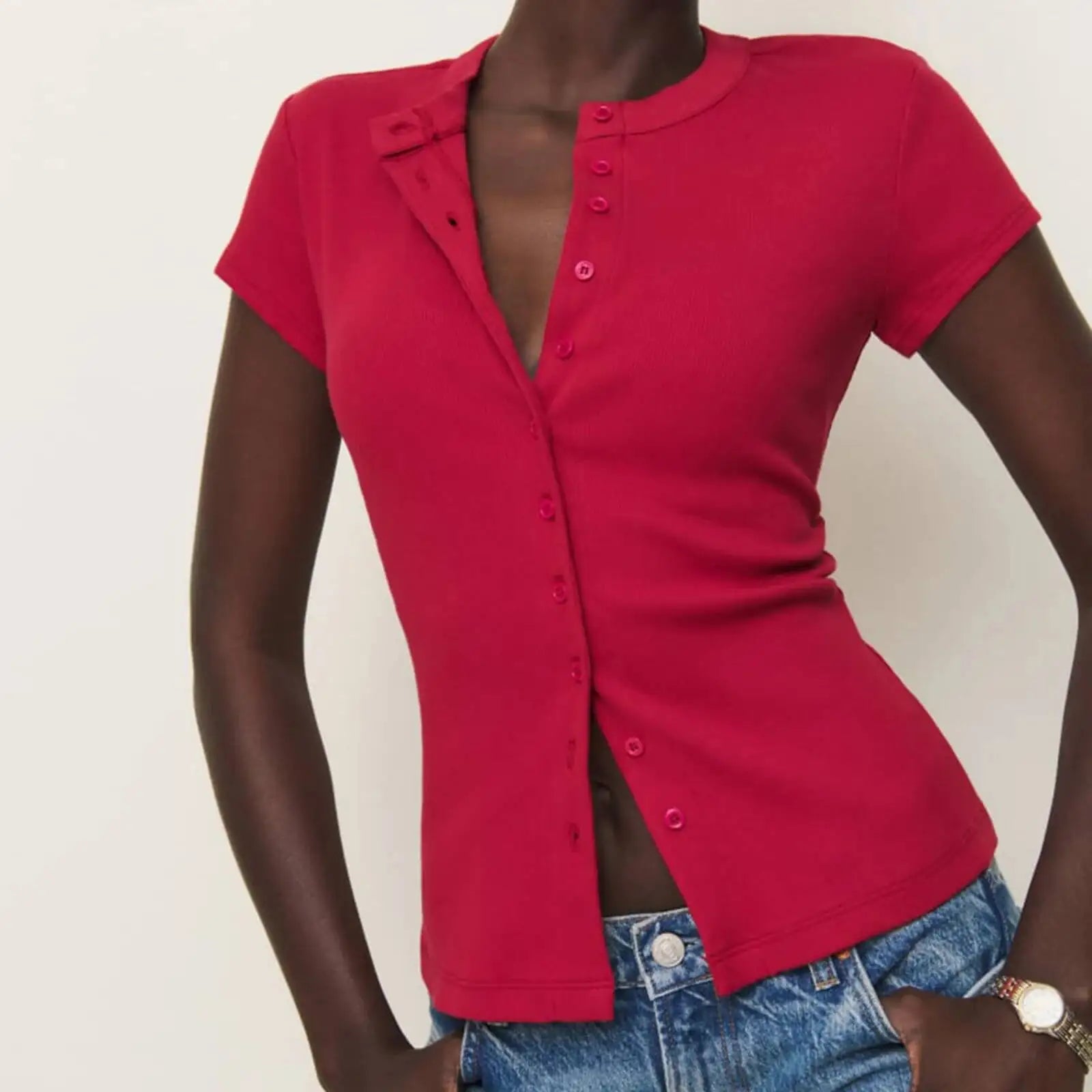 Knit Button-Up Crop Short Sleeve Shirt