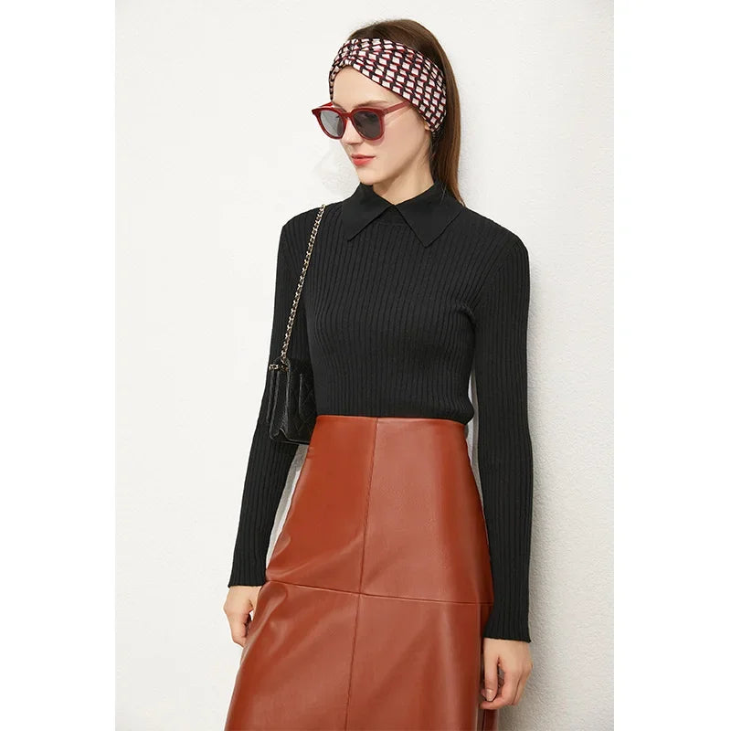 Minimalist Striped Lapel Slim Knit Top