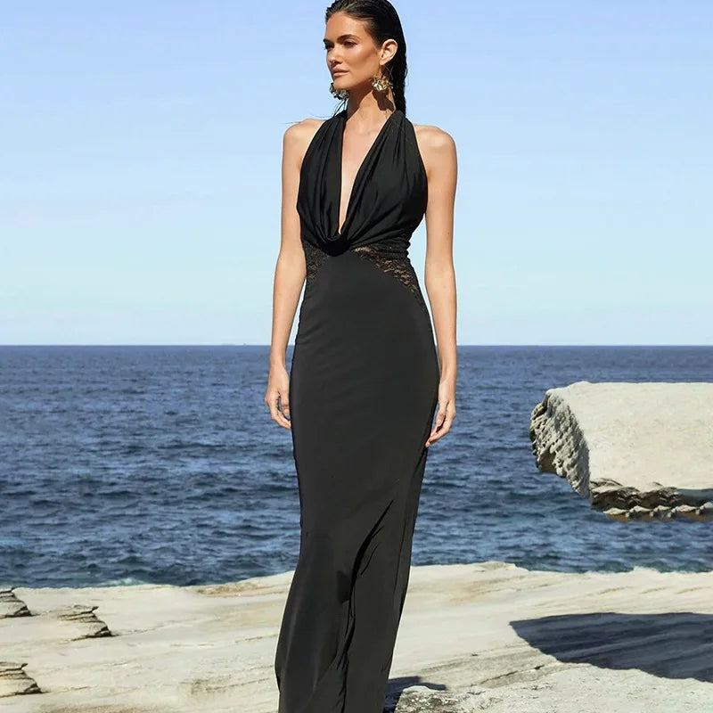 Slim-Fitting Cowl Halter Lace Long Dress