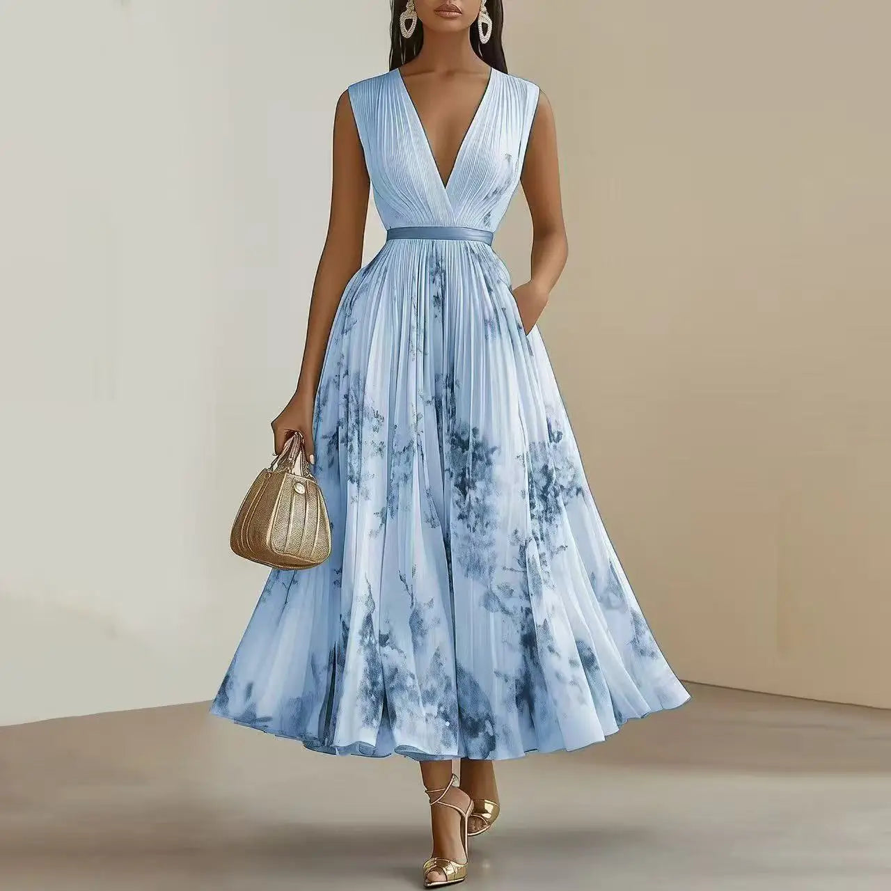 Hanging Neck Floral Pleated Maxi Dress