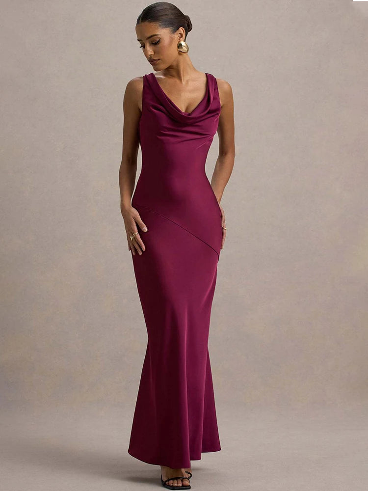 Satin Cowl Neck Backless Lace-Up Maxi Dress