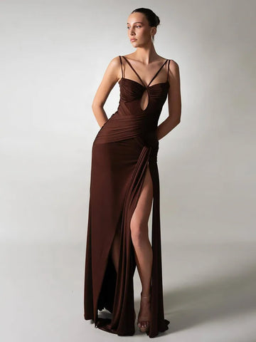 Ruched Brown Bodycon Summer Maxi Dress