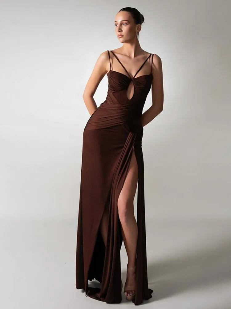 Ruched Brown Bodycon Summer Maxi Dress