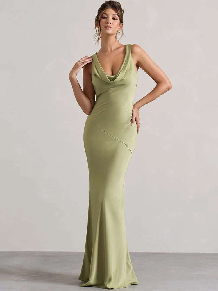 Satin Cowl Neck Backless Lace-Up Maxi Dress
