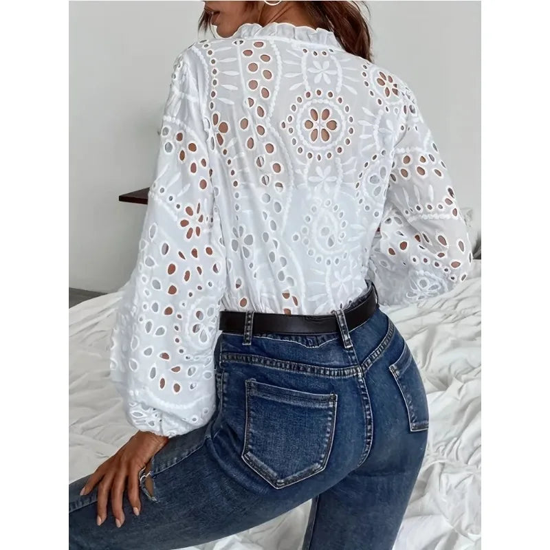 Hollowed V-Neck Loose Lace Shirt