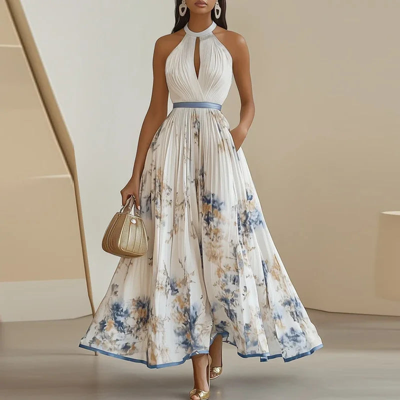 Hanging Neck Floral Pleated Maxi Dress