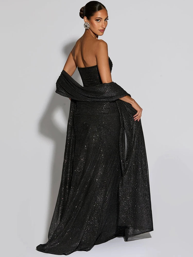 Strapless Sparkle Ruched Off-Shoulder Maxi Dress