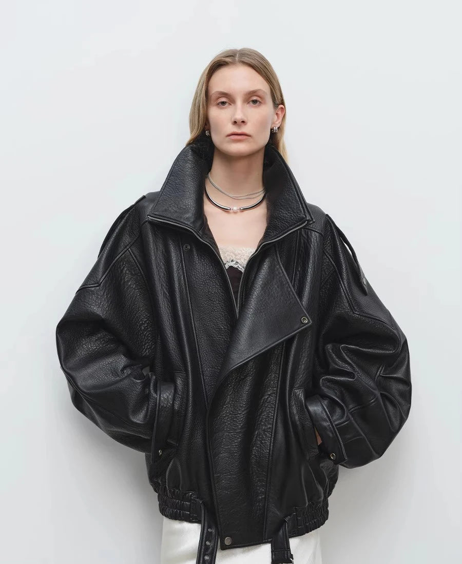 Oversized Black PU Belted Jacket