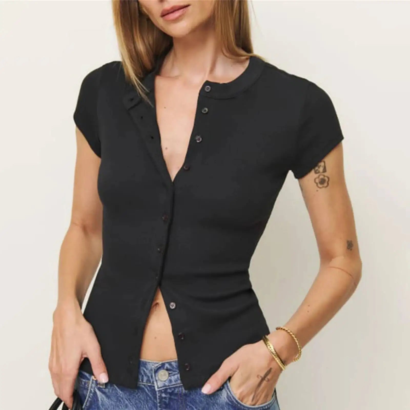 Knit Button-Up Crop Short Sleeve Shirt