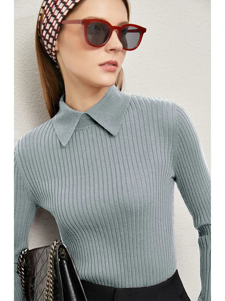 Minimalist Striped Lapel Slim Knit Top