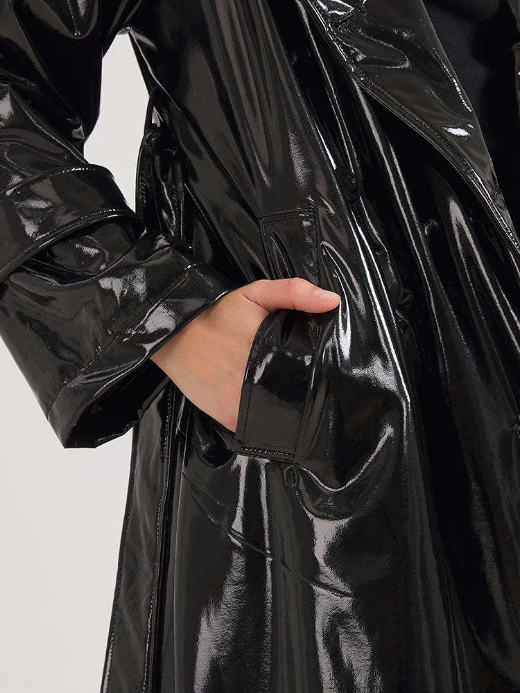 Black Reflective Patent Leather Trench