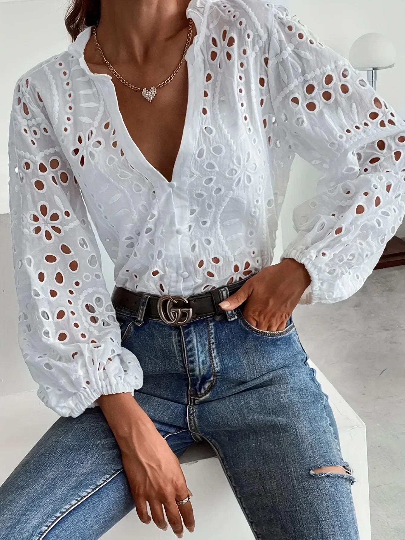 Hollowed V-Neck Loose Lace Shirt