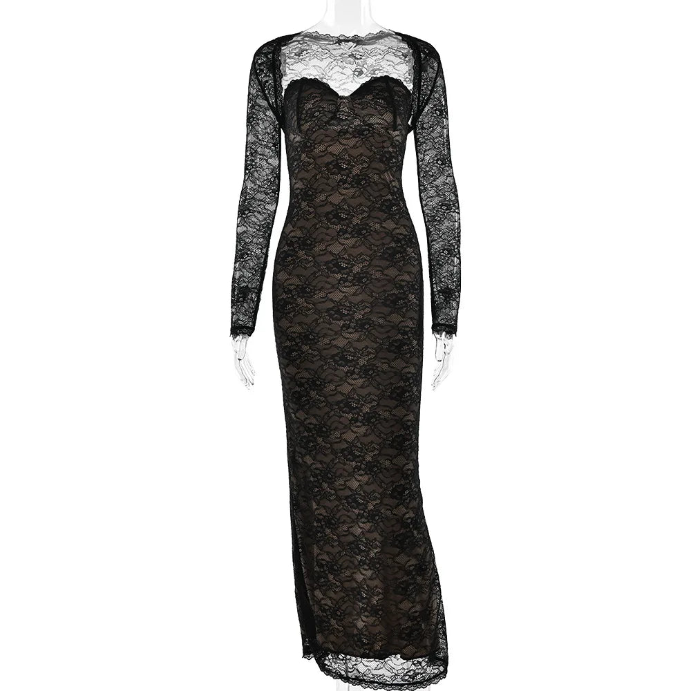 Long Sleeve Lace Print Bodycon Dress