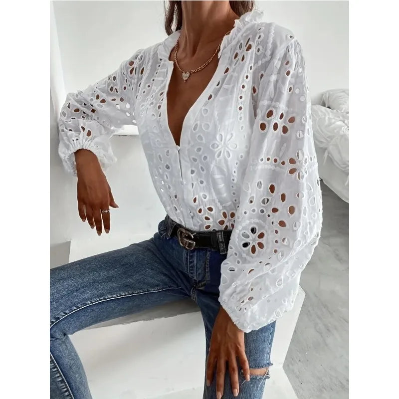 Hollowed V-Neck Loose Lace Shirt
