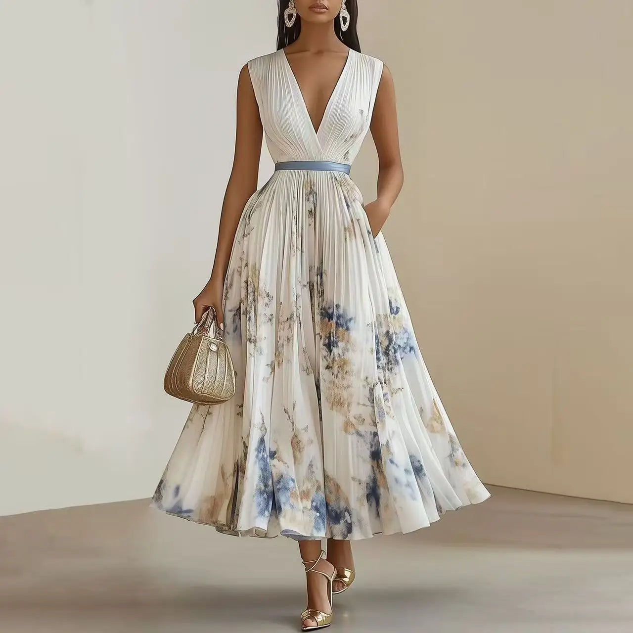 Hanging Neck Floral Pleated Maxi Dress