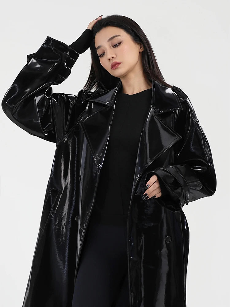 Shiny Reflective Patent Leather Trench