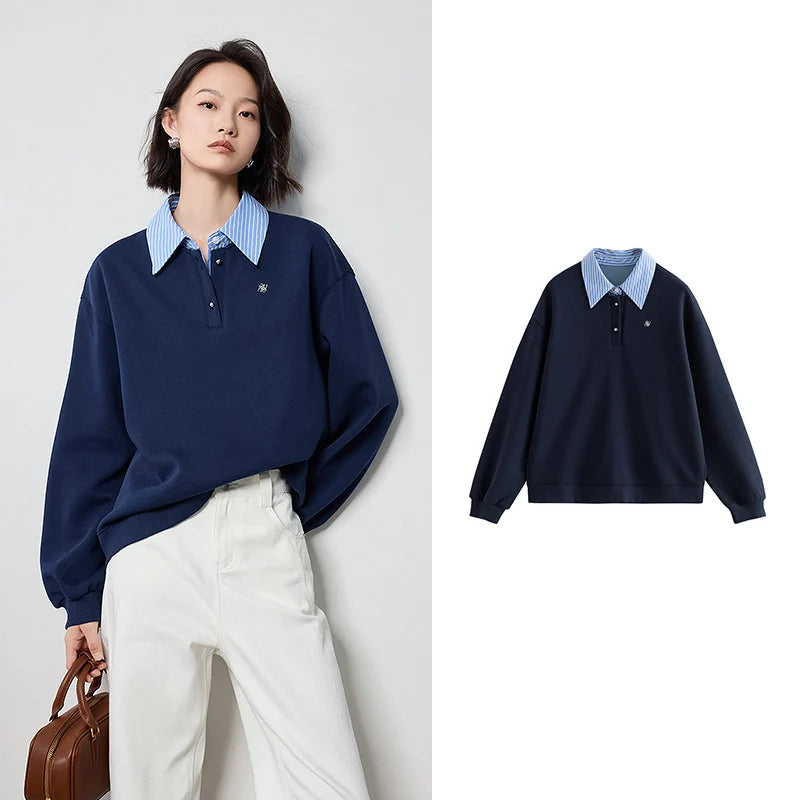 Patchwork Turn Down Collar Hoodie Women